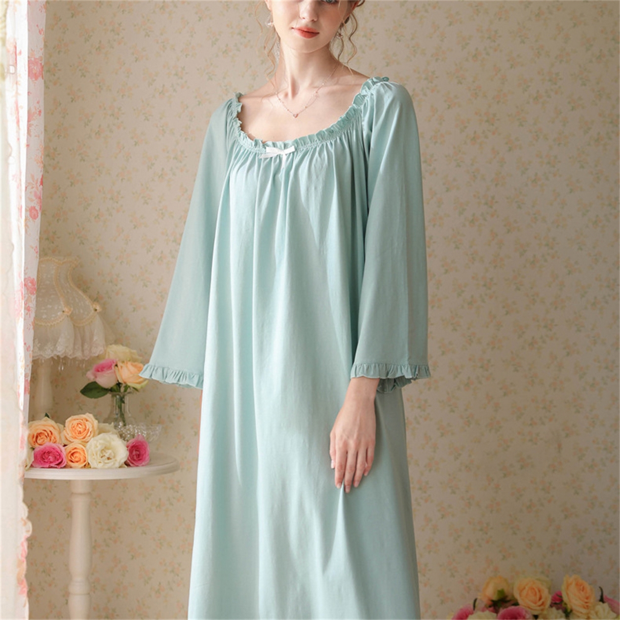 91家纺网 家纺一手货源 找家纺 （总） 洛兰沙家居馆  2026新款法式春秋长款睡衣少女长袖薄款宽松大码跨境出口批发家居服睡裙