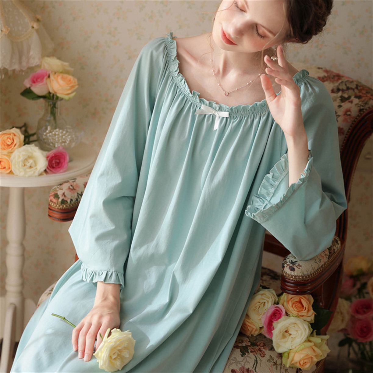 91家纺网 家纺一手货源 找家纺 （总） 洛兰沙家居馆  2026新款法式春秋长款睡衣少女长袖薄款宽松大码跨境出口批发家居服睡裙