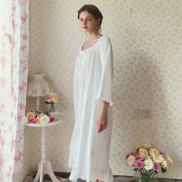 91家纺网 家纺一手货源 找家纺 （总） 洛兰沙家居馆  2026新款法式春秋长款睡衣少女长袖薄款宽松大码跨境出口批发家居服睡裙