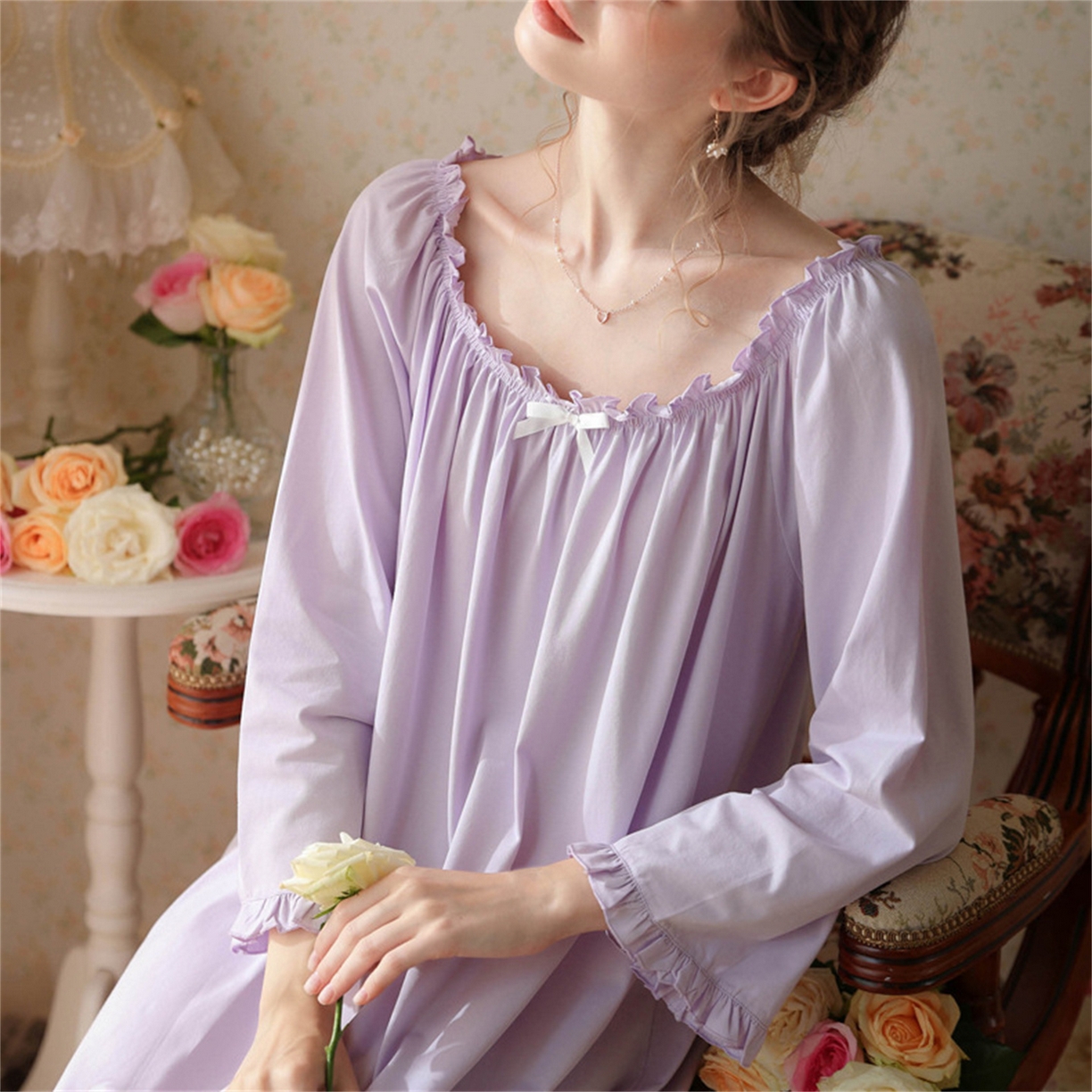 91家纺网 家纺一手货源 找家纺  洛兰沙家居馆  2026新款法式春秋长款睡衣少女长袖薄款宽松大码跨境出口批发家居服睡裙 花色2