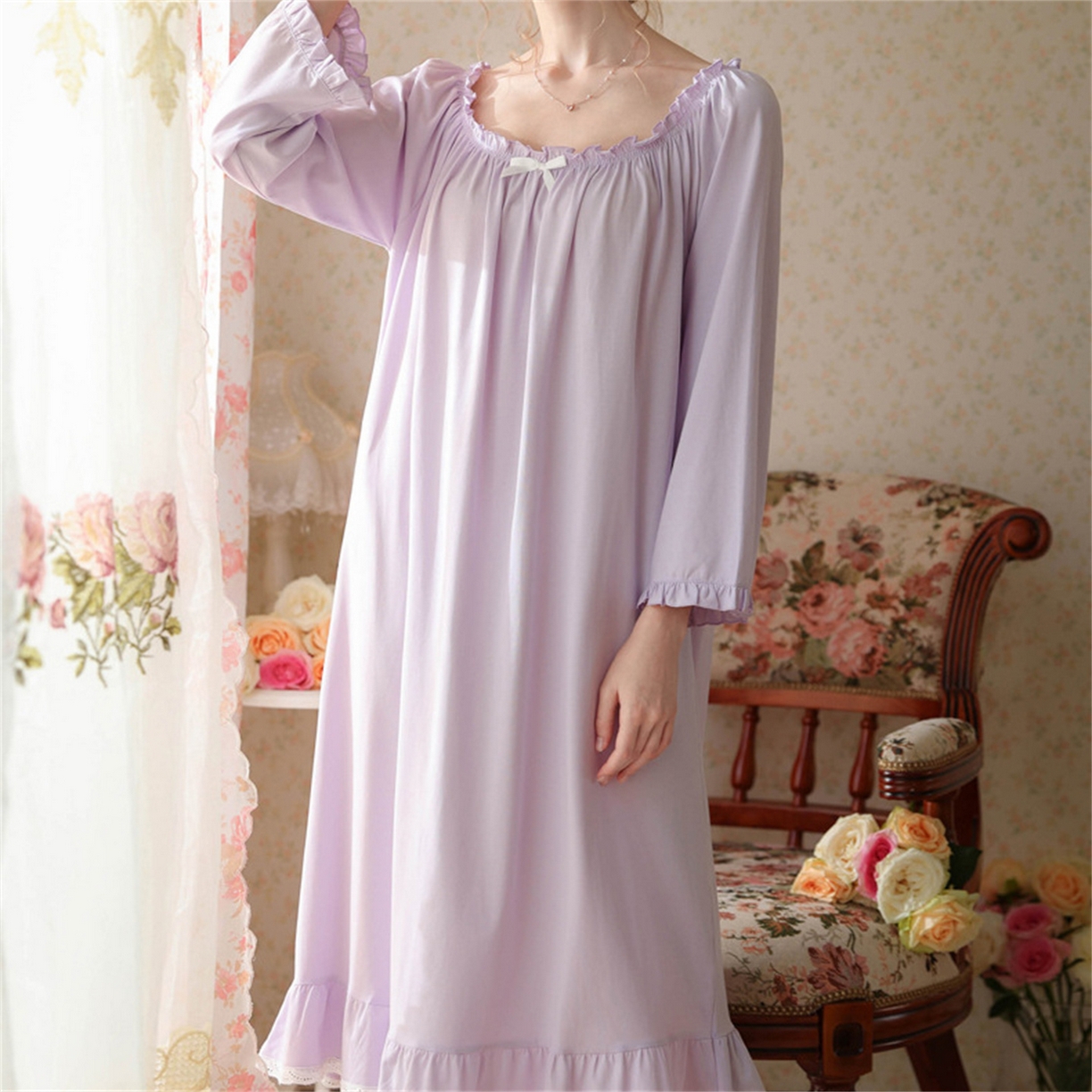 91家纺网 家纺一手货源 找家纺  洛兰沙家居馆  2026新款法式春秋长款睡衣少女长袖薄款宽松大码跨境出口批发家居服睡裙 花色2