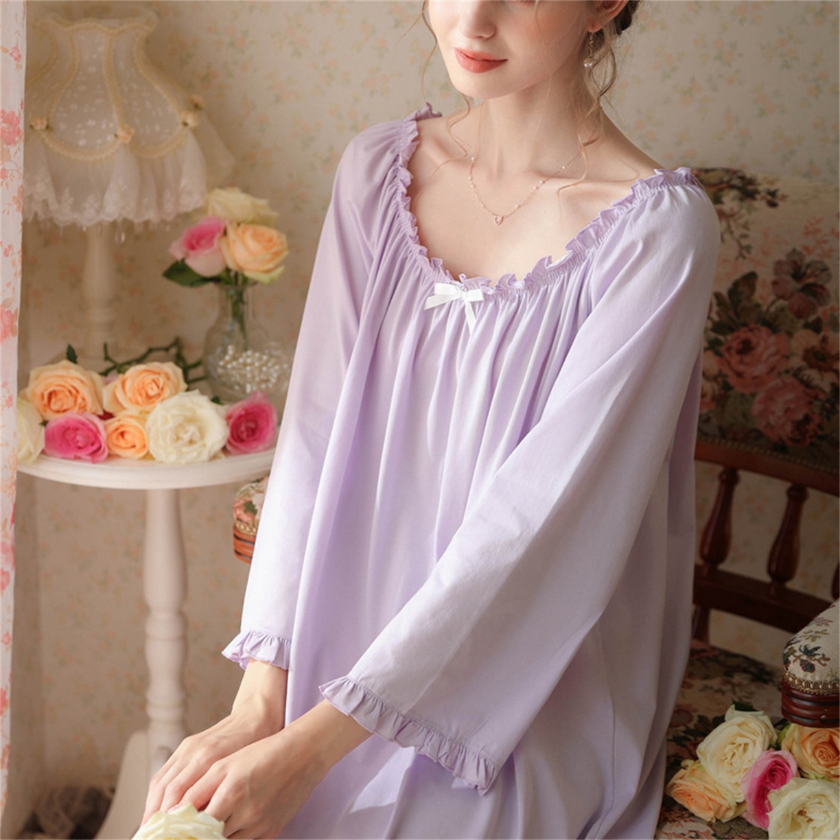 91家纺网 家纺一手货源 找家纺  洛兰沙家居馆  2026新款法式春秋长款睡衣少女长袖薄款宽松大码跨境出口批发家居服睡裙 花色2