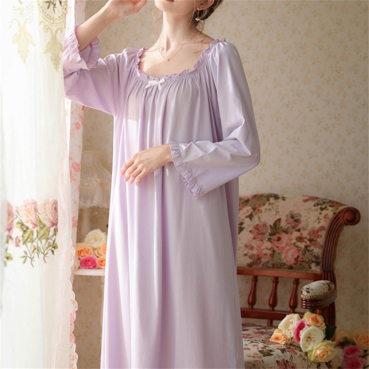 91家纺网 家纺一手货源 找家纺  洛兰沙家居馆  2026新款法式春秋长款睡衣少女长袖薄款宽松大码跨境出口批发家居服睡裙 花色2