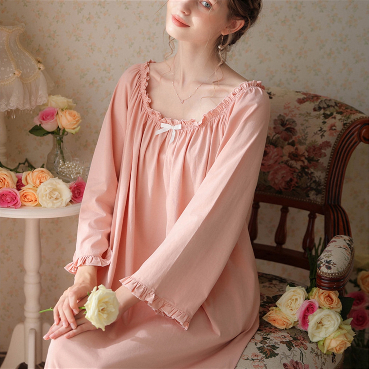 91家纺网 家纺一手货源 找家纺  洛兰沙家居馆  2026新款法式春秋长款睡衣少女长袖薄款宽松大码跨境出口批发家居服睡裙 花色3