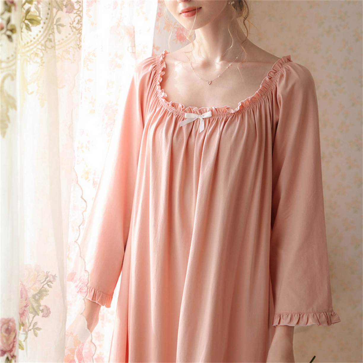 91家纺网 家纺一手货源 找家纺  洛兰沙家居馆  2026新款法式春秋长款睡衣少女长袖薄款宽松大码跨境出口批发家居服睡裙 花色3