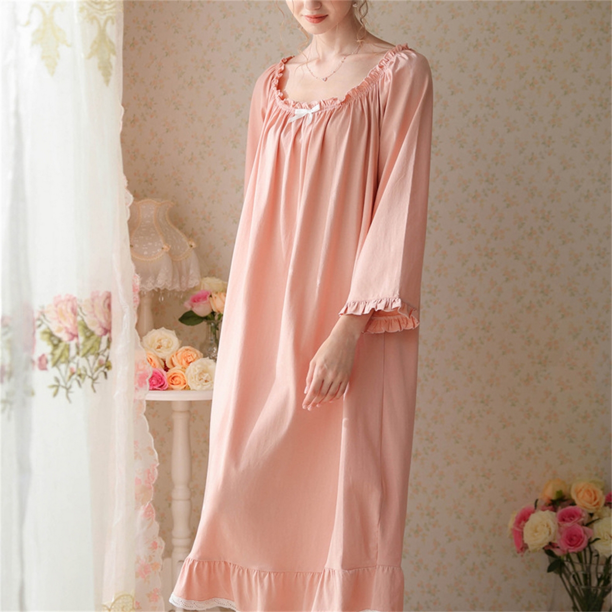 91家纺网 家纺一手货源 找家纺  洛兰沙家居馆  2026新款法式春秋长款睡衣少女长袖薄款宽松大码跨境出口批发家居服睡裙 花色3