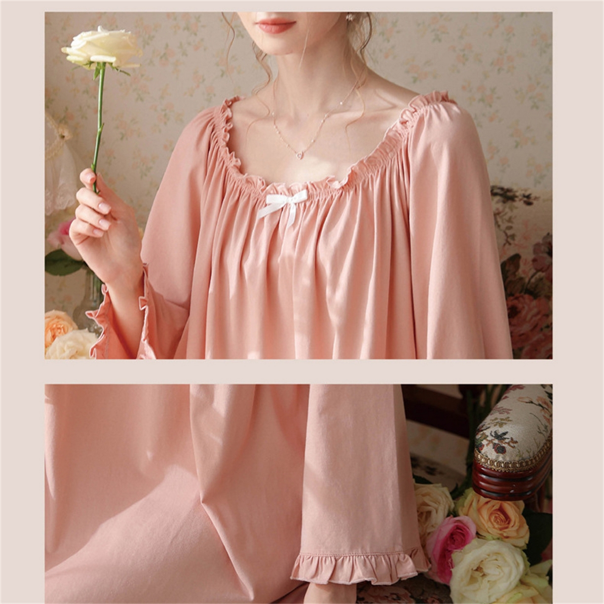 91家纺网 家纺一手货源 找家纺  洛兰沙家居馆  2026新款法式春秋长款睡衣少女长袖薄款宽松大码跨境出口批发家居服睡裙 花色3