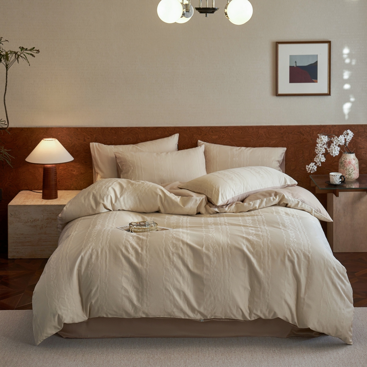 91家纺网 家纺一手货源 找家纺 亿梵家居 2026新款100支长绒棉纯棉厚织大提花四件套 秘境-浅奶咖