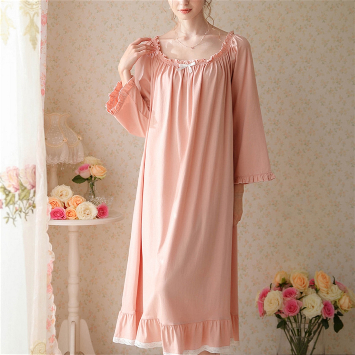 91家纺网 家纺一手货源 找家纺  洛兰沙家居馆  2026新款法式春秋长款睡衣少女长袖薄款宽松大码跨境出口批发家居服睡裙 花色3