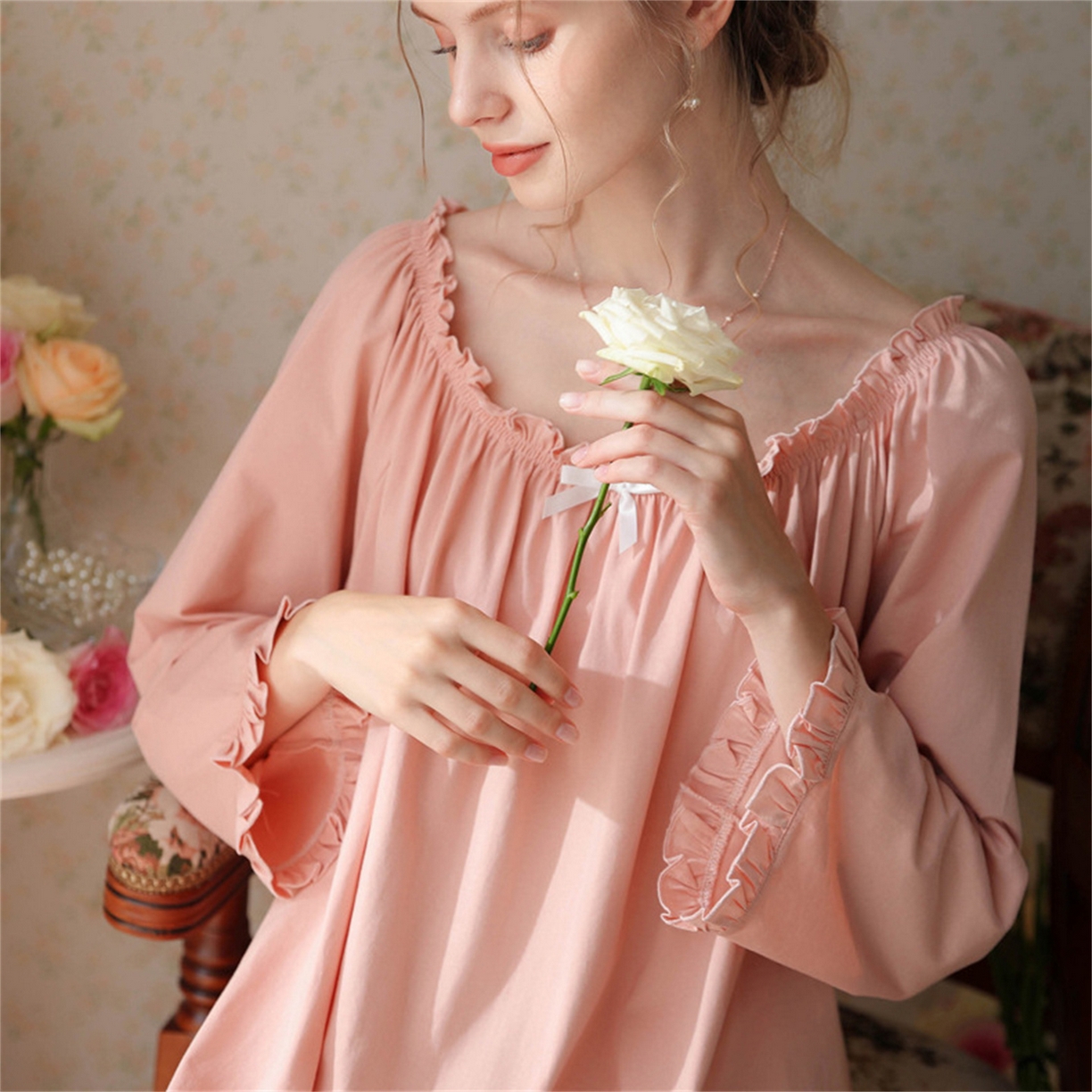 91家纺网 家纺一手货源 找家纺  洛兰沙家居馆  2026新款法式春秋长款睡衣少女长袖薄款宽松大码跨境出口批发家居服睡裙 花色3