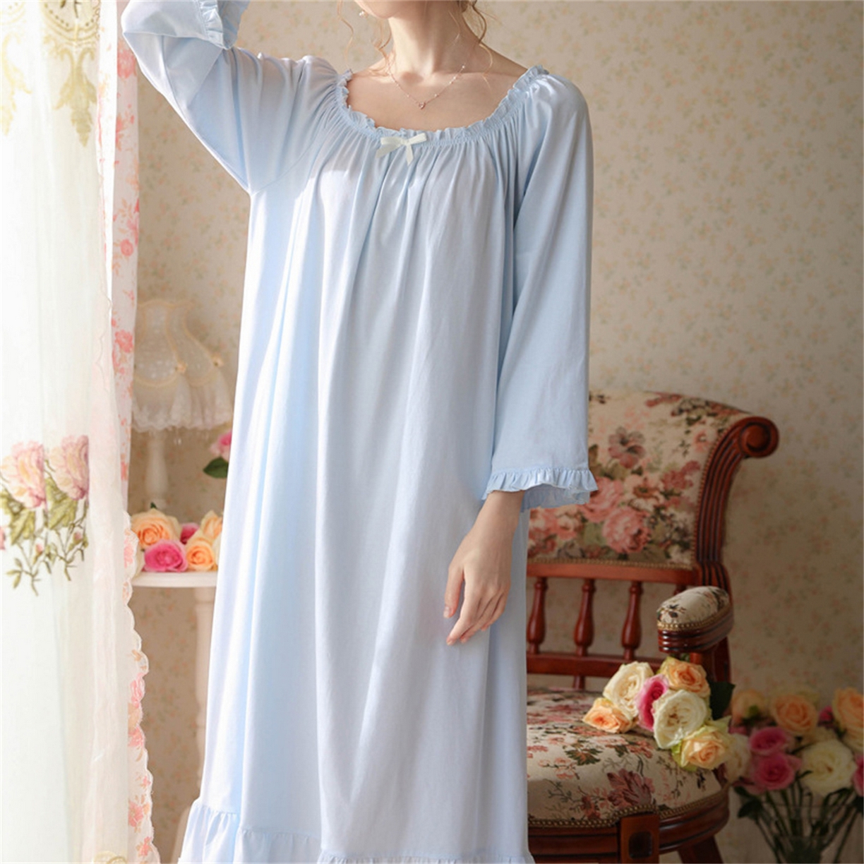 91家纺网 家纺一手货源 找家纺  洛兰沙家居馆  2026新款法式春秋长款睡衣少女长袖薄款宽松大码跨境出口批发家居服睡裙 花色4