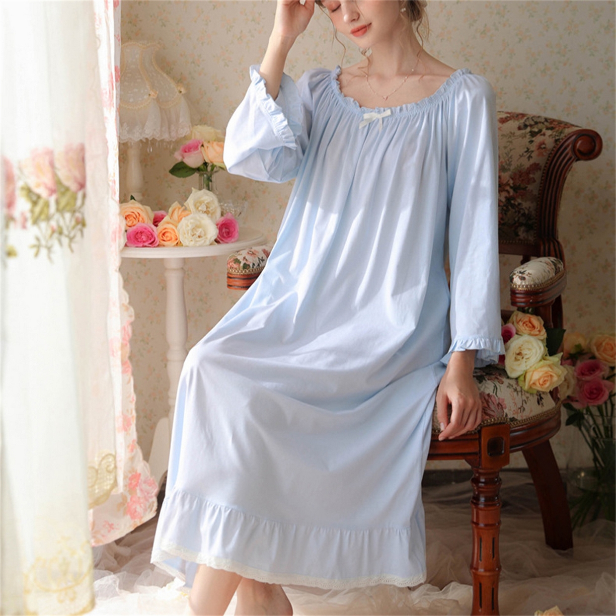 91家纺网 家纺一手货源 找家纺  洛兰沙家居馆  2026新款法式春秋长款睡衣少女长袖薄款宽松大码跨境出口批发家居服睡裙 花色4