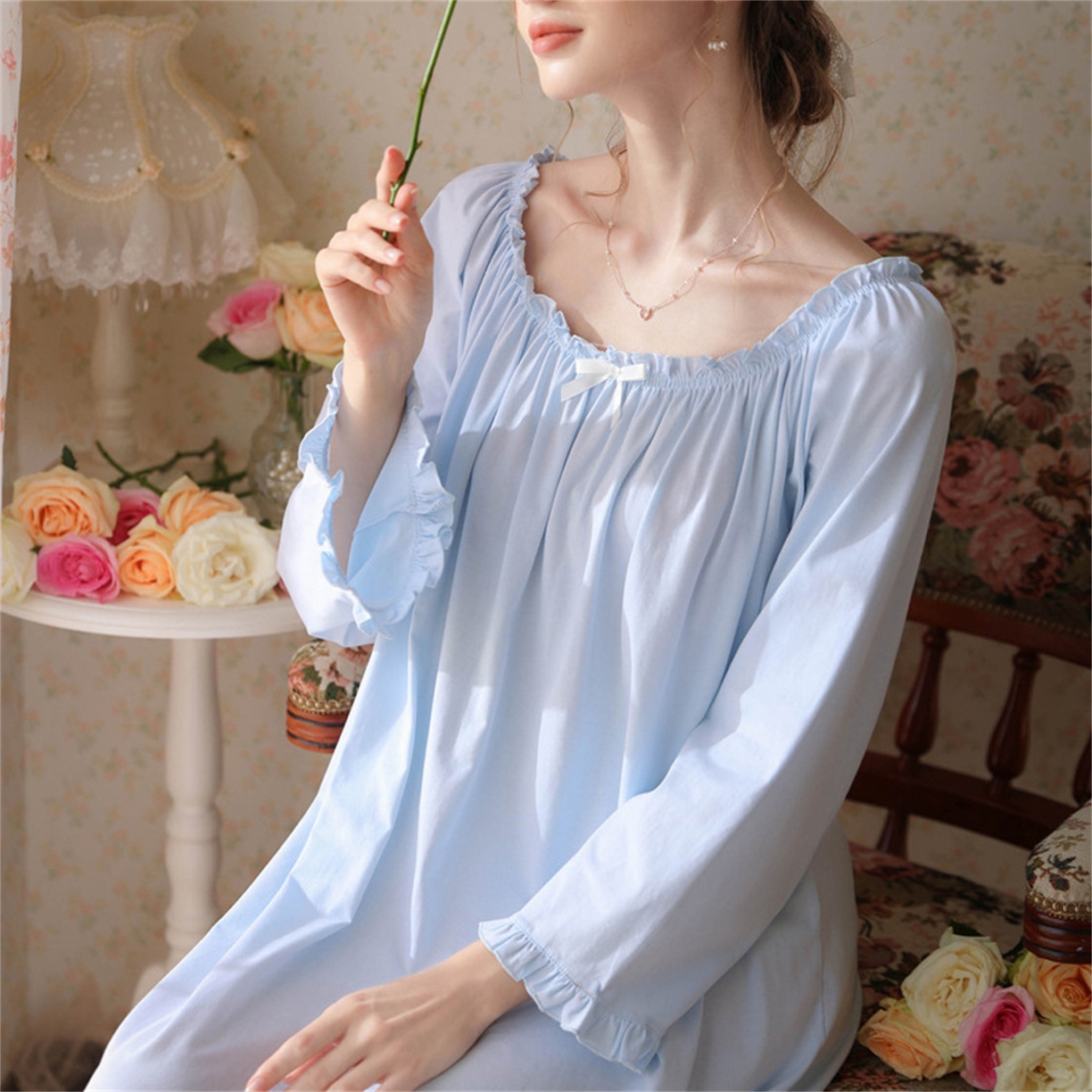 91家纺网 家纺一手货源 找家纺  洛兰沙家居馆  2026新款法式春秋长款睡衣少女长袖薄款宽松大码跨境出口批发家居服睡裙 花色4