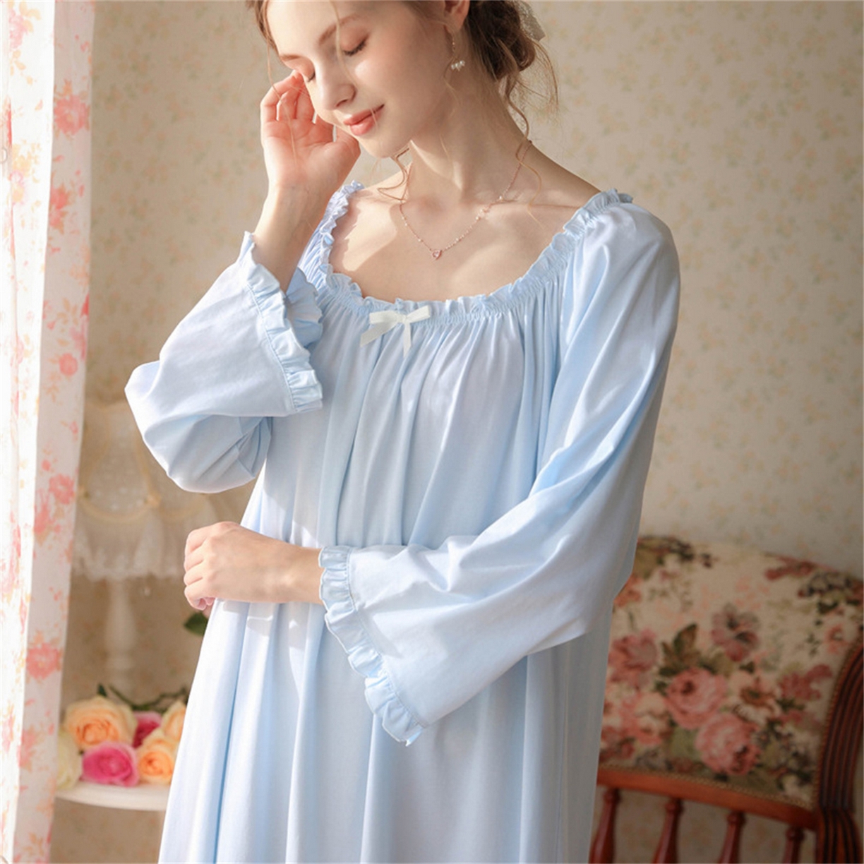 91家纺网 家纺一手货源 找家纺  洛兰沙家居馆  2026新款法式春秋长款睡衣少女长袖薄款宽松大码跨境出口批发家居服睡裙 花色4