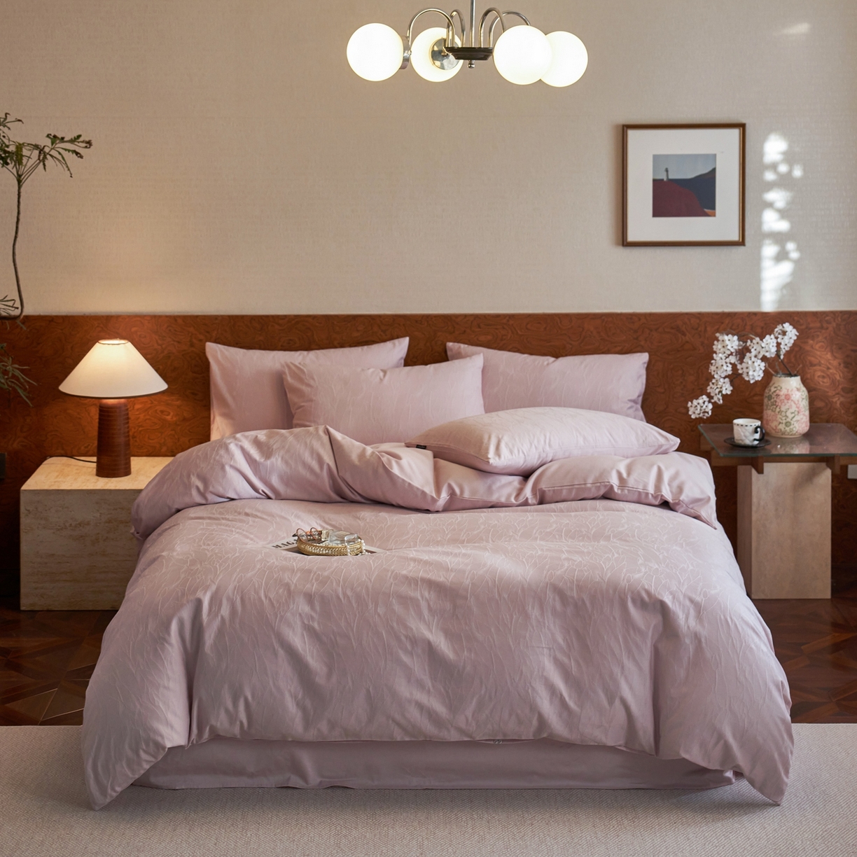 91家纺网 家纺一手货源 找家纺 亿梵家居 2026新款100支长绒棉纯棉厚织大提花四件套 芊芊花语-星黛紫