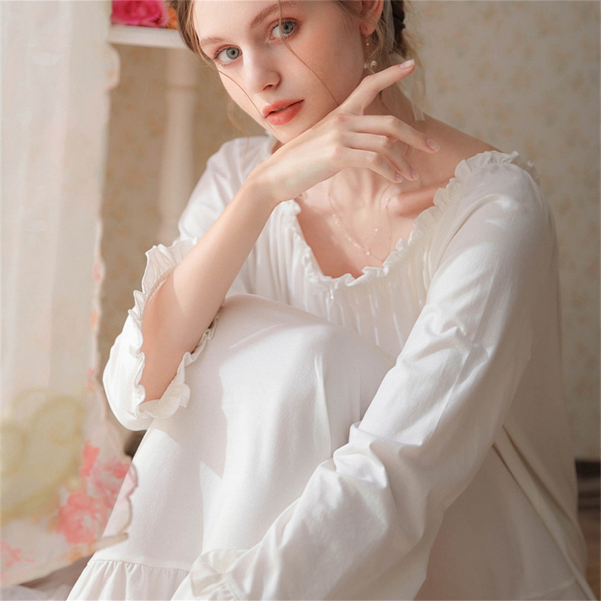 91家纺网 家纺一手货源 找家纺  洛兰沙家居馆  2026新款法式春秋长款睡衣少女长袖薄款宽松大码跨境出口批发家居服睡裙 花色5