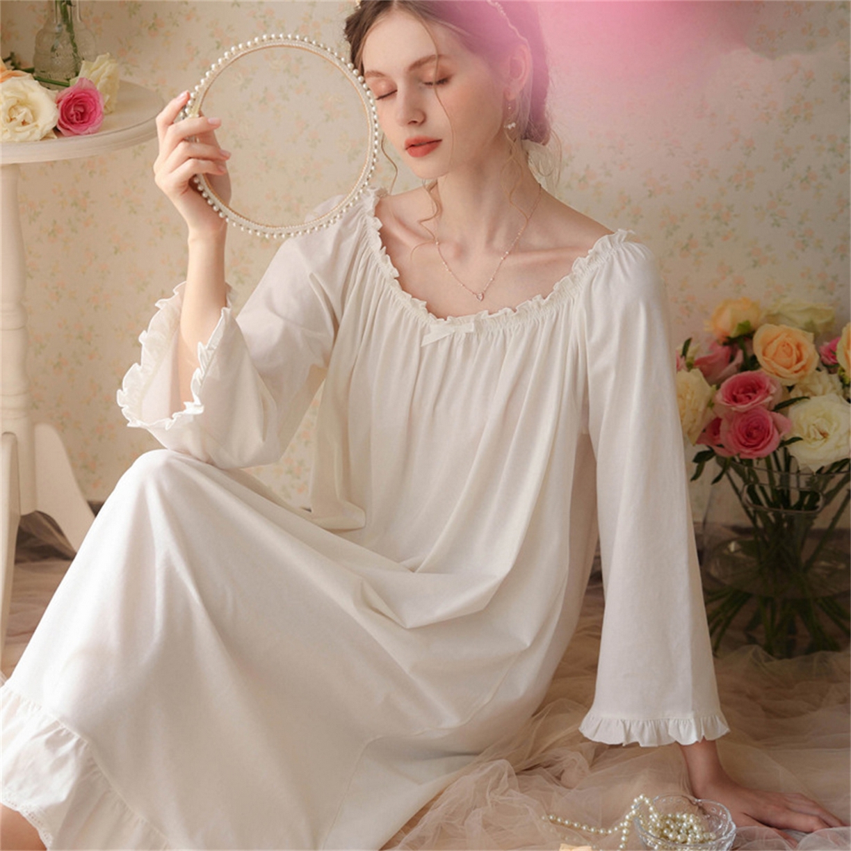 91家纺网 家纺一手货源 找家纺  洛兰沙家居馆  2026新款法式春秋长款睡衣少女长袖薄款宽松大码跨境出口批发家居服睡裙 花色5