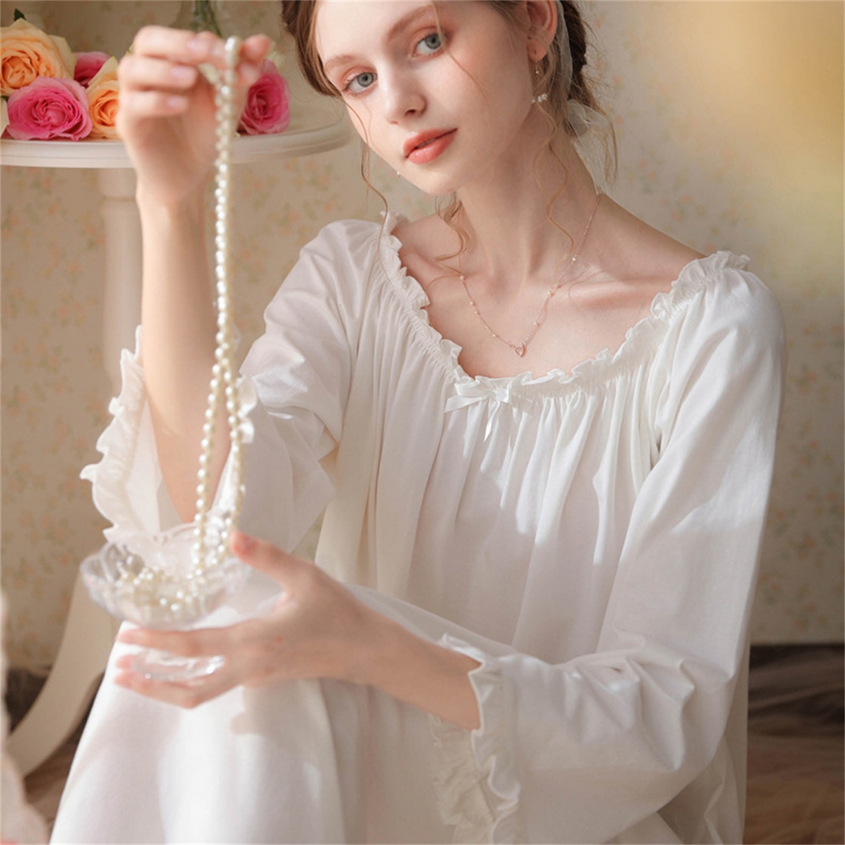 91家纺网 家纺一手货源 找家纺  洛兰沙家居馆  2026新款法式春秋长款睡衣少女长袖薄款宽松大码跨境出口批发家居服睡裙 花色5