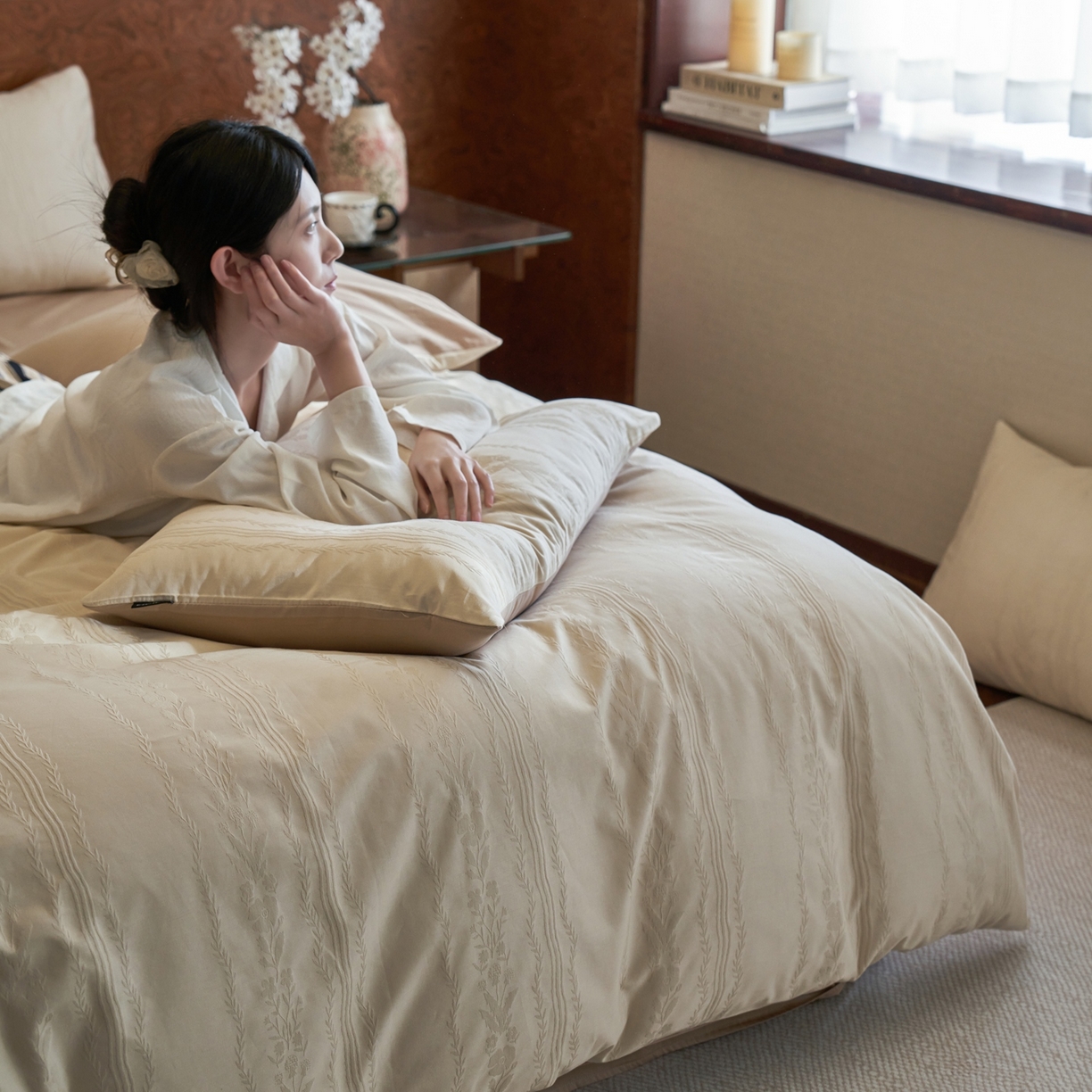 91家纺网 家纺一手货源 找家纺 亿梵家居 2026新款100支长绒棉纯棉厚织大提花四件套 秘境-浅奶咖