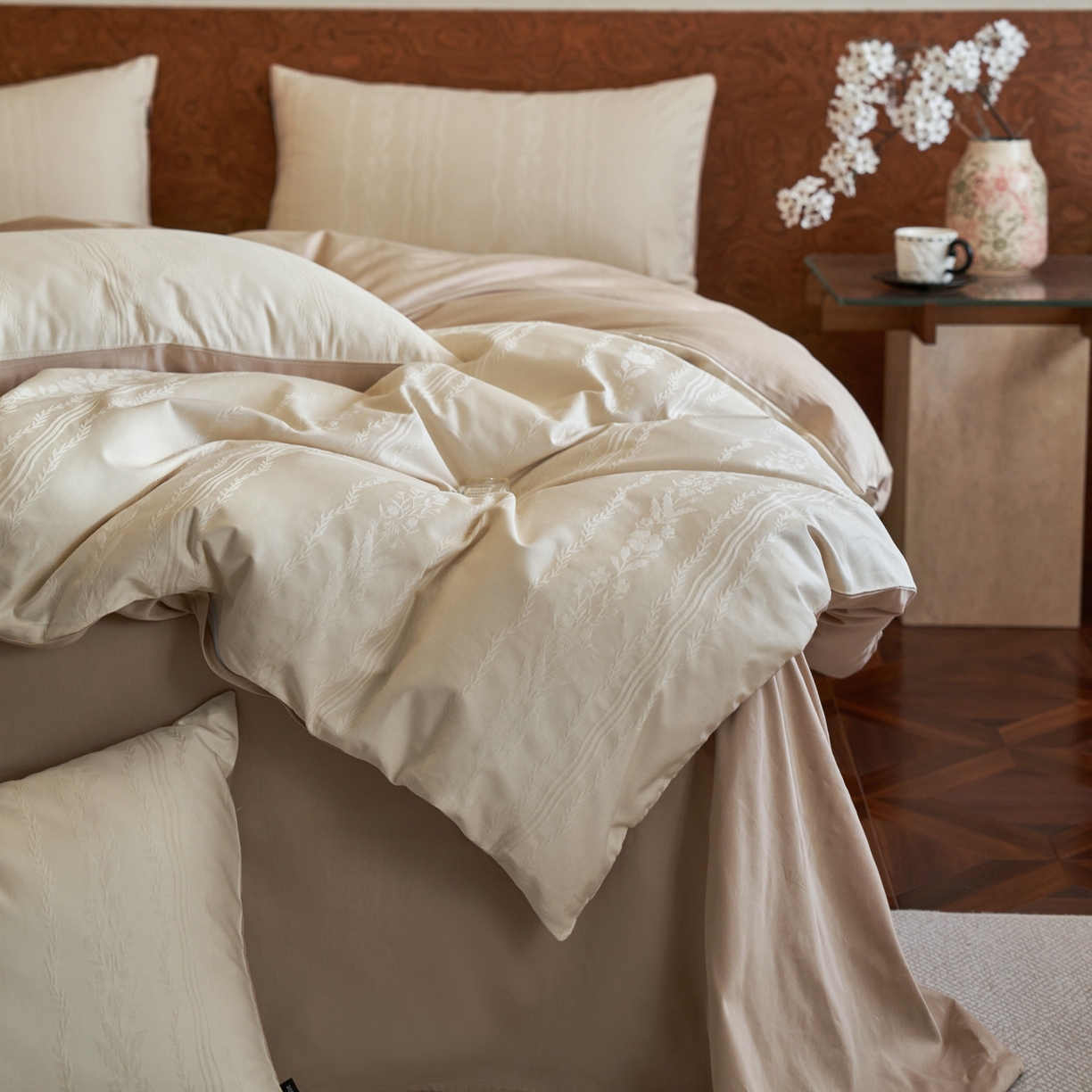 亿梵家居 2026新款100支长绒棉纯棉厚织大提花四件套 秘境-浅奶咖