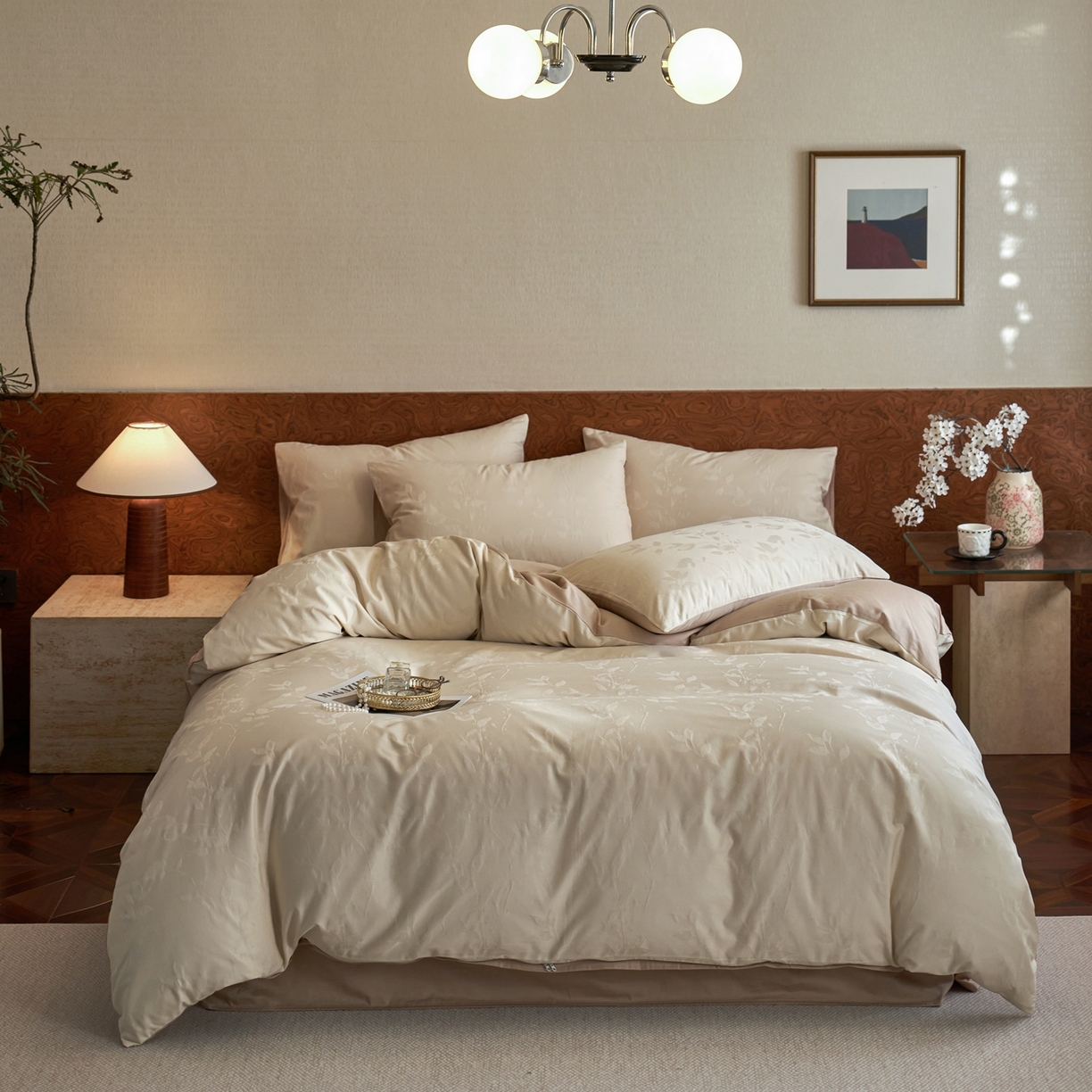 91家纺网 家纺一手货源 找家纺 亿梵家居 2026新款100支长绒棉纯棉厚织大提花四件套 安缦春也-浅奶咖