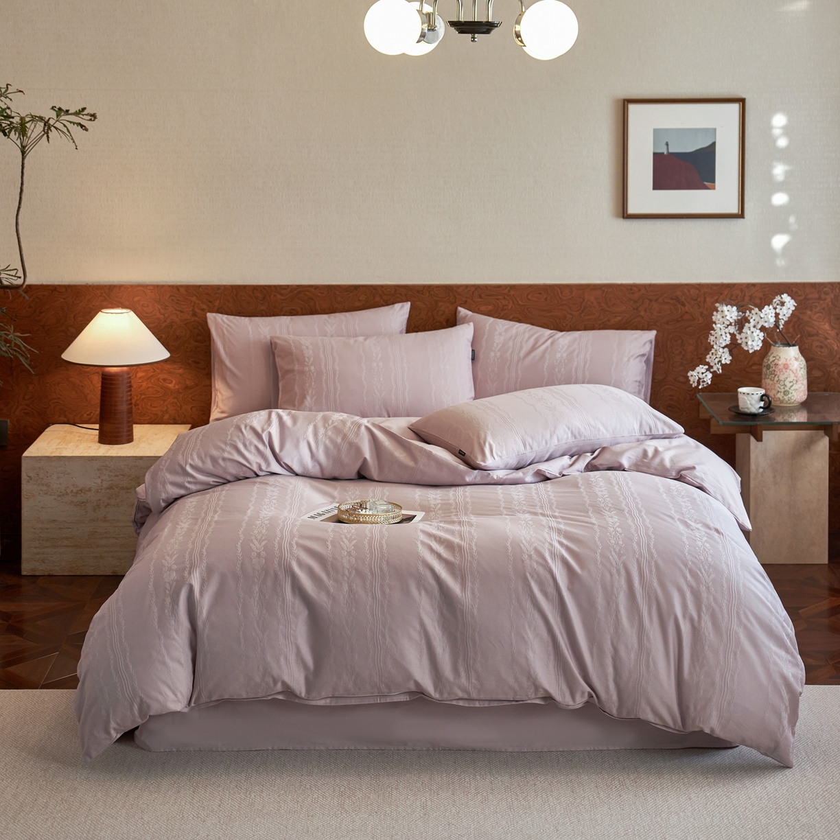 91家纺网 家纺一手货源 找家纺 亿梵家居 2026新款100支长绒棉纯棉厚织大提花四件套 秘境-淡云紫