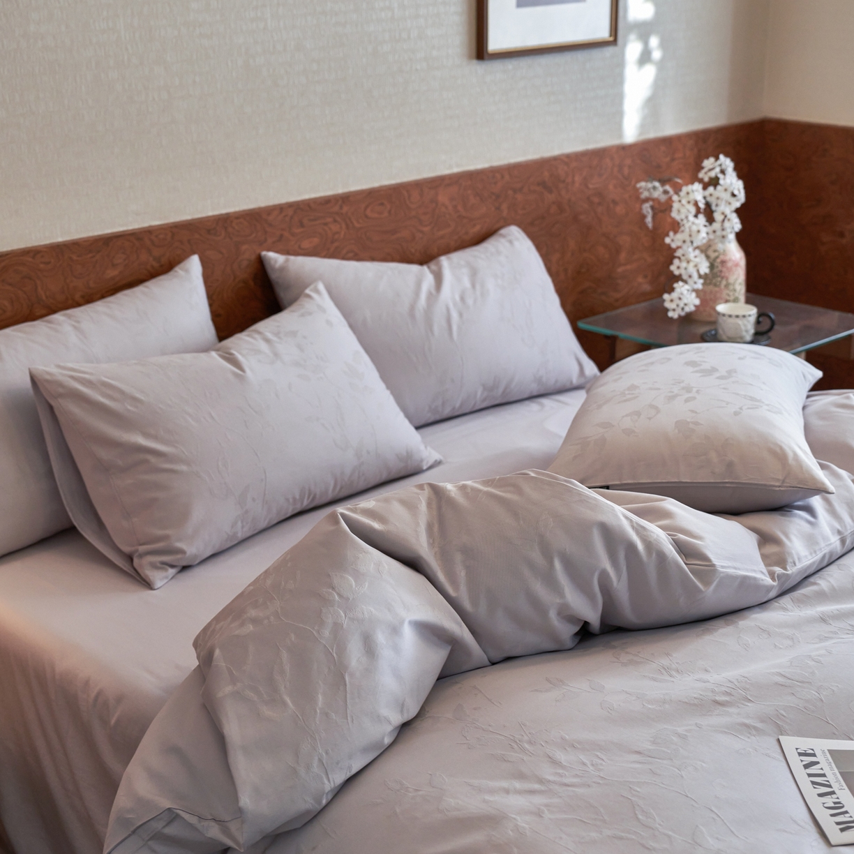 91家纺网 家纺一手货源 找家纺 亿梵家居 2026新款100支长绒棉纯棉厚织大提花四件套 安缦春也-暮云灰