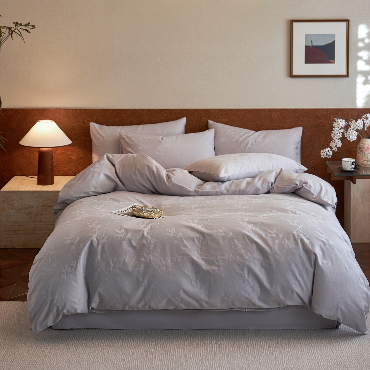 91家纺网 家纺一手货源 找家纺 亿梵家居 2026新款100支长绒棉纯棉厚织大提花四件套 安缦春也-暮云灰