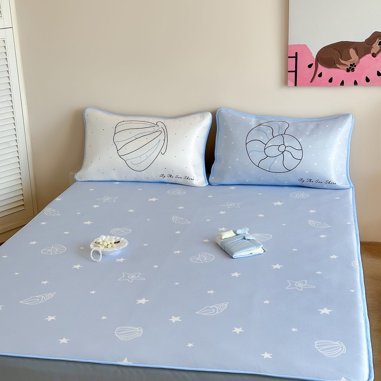 91家纺网 家纺一手货源 找家纺 桃喜 2026新款数码印花冰纤维牛奶丝凉席 海盐贝壳