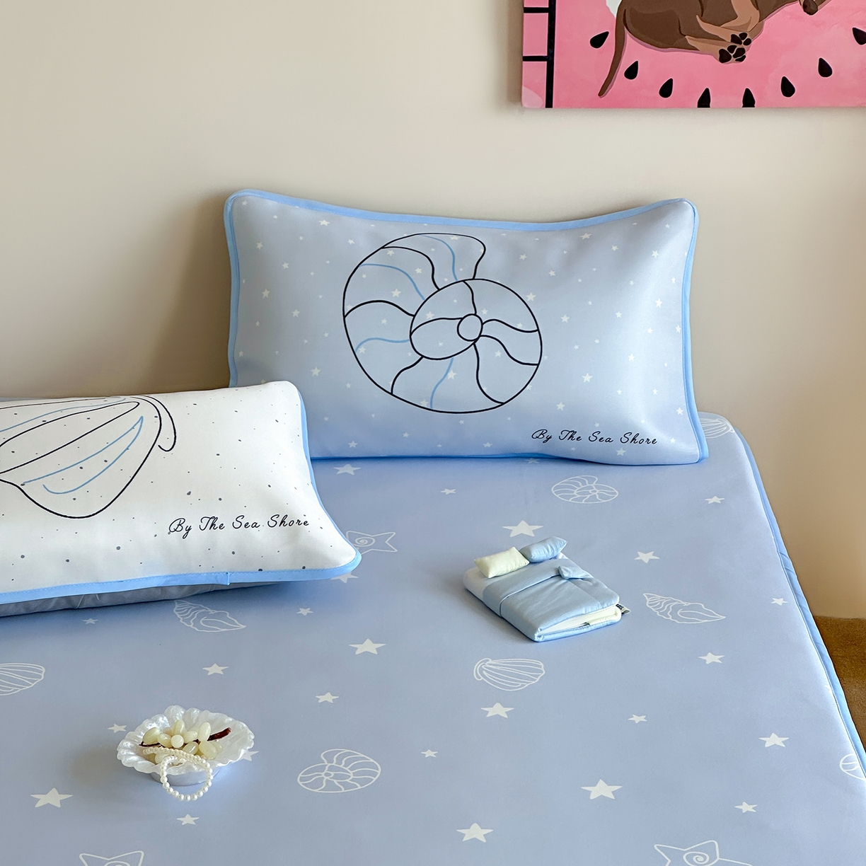 91家纺网 家纺一手货源 找家纺 桃喜 2026新款数码印花冰纤维牛奶丝凉席 海盐贝壳