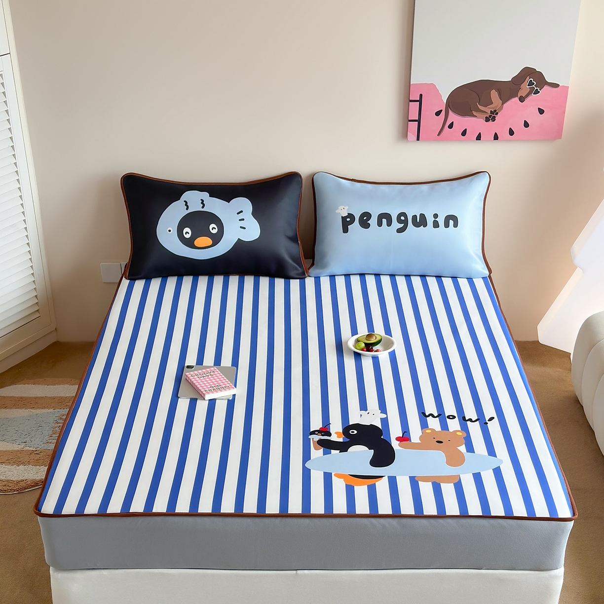 桃喜 2026新款数码印花冰纤维牛奶丝凉席 冲浪企鹅