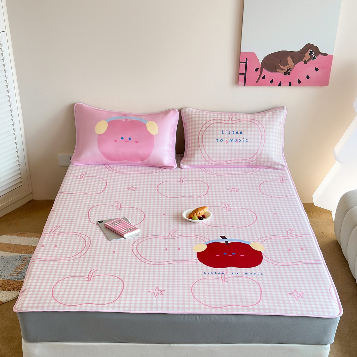 桃喜 2026新款数码印花冰纤维牛奶丝凉席 粉格苹果