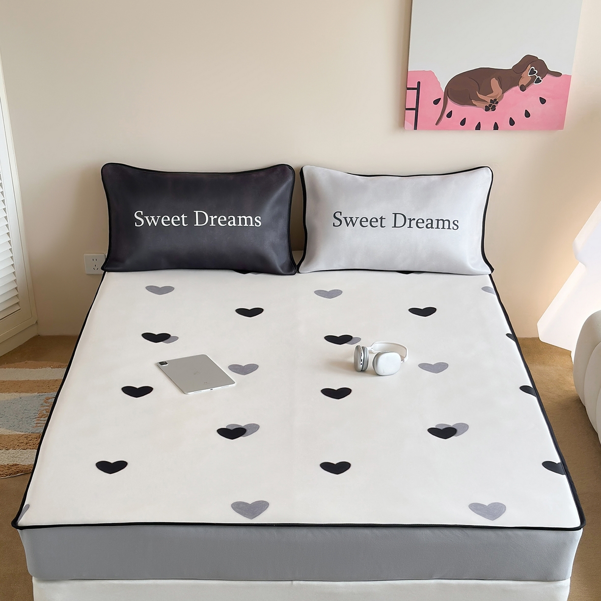 桃喜 2026新款数码印花冰纤维牛奶丝凉席 灰调甜心