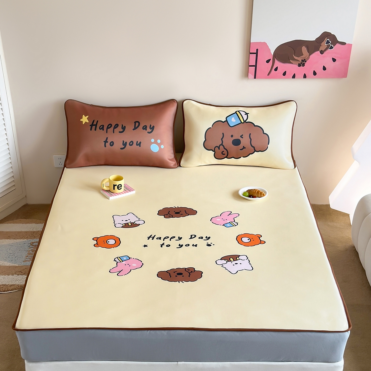 桃喜 2026新款数码印花冰纤维牛奶丝凉席 卷毛狗勾的夏天