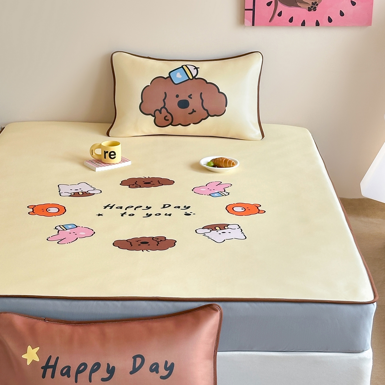 91家纺网 家纺一手货源 找家纺 桃喜 2026新款数码印花冰纤维牛奶丝凉席 卷毛狗勾的夏天