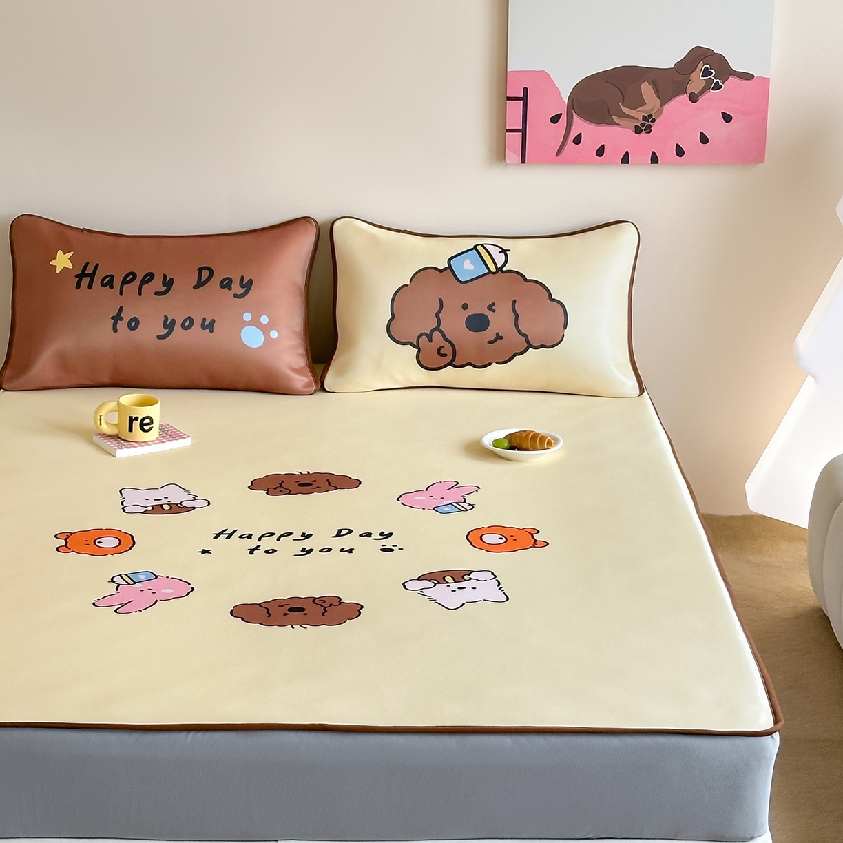 91家纺网 家纺一手货源 找家纺 桃喜 2026新款数码印花冰纤维牛奶丝凉席 卷毛狗勾的夏天