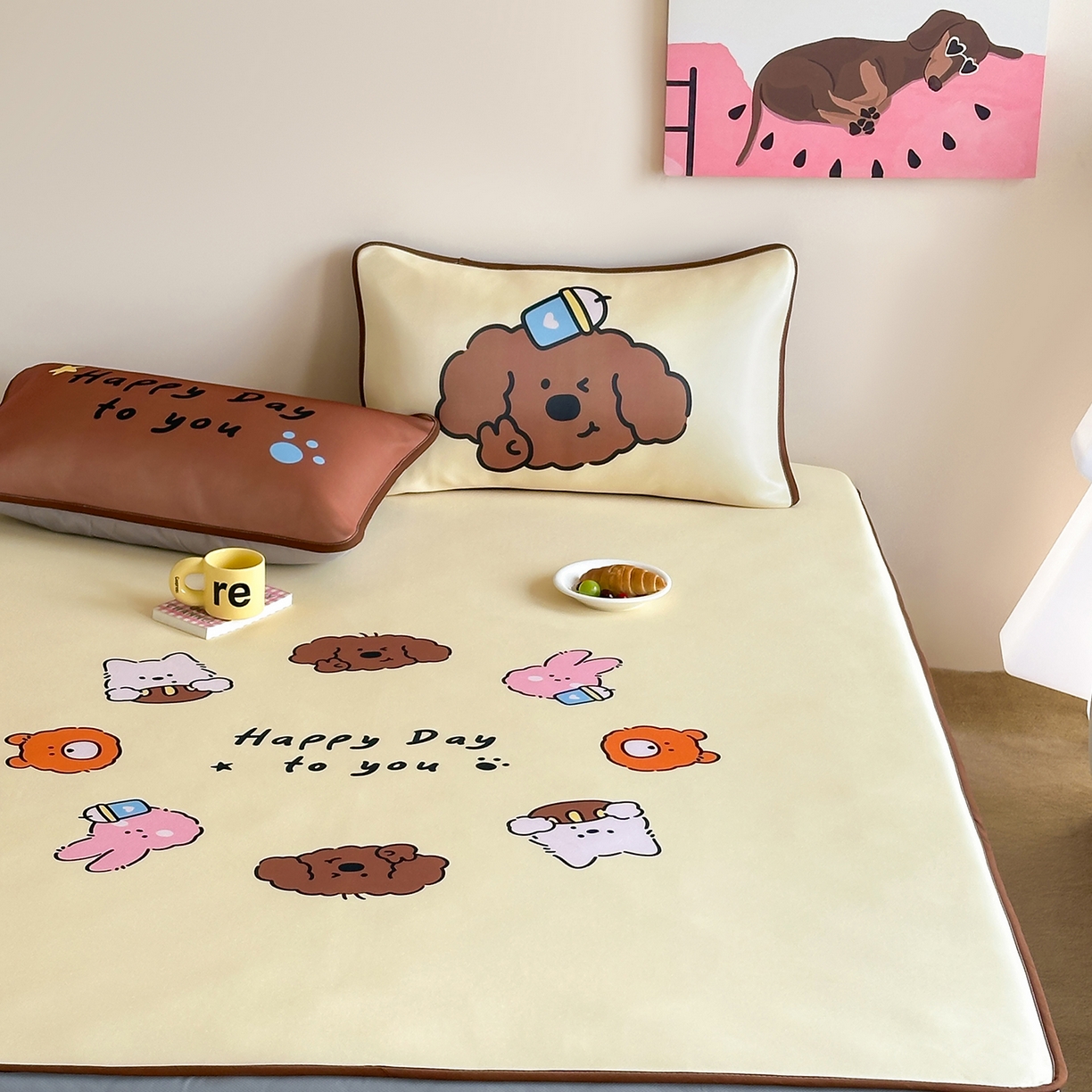 91家纺网 家纺一手货源 找家纺 桃喜 2026新款数码印花冰纤维牛奶丝凉席 卷毛狗勾的夏天