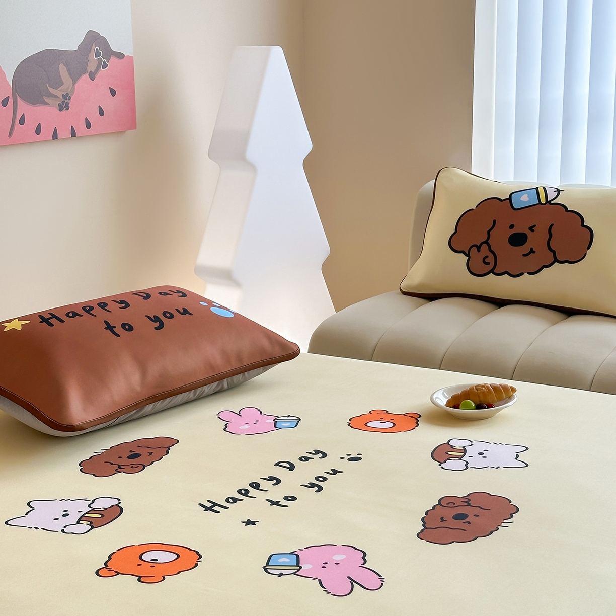 91家纺网 家纺一手货源 找家纺 桃喜 2026新款数码印花冰纤维牛奶丝凉席 卷毛狗勾的夏天