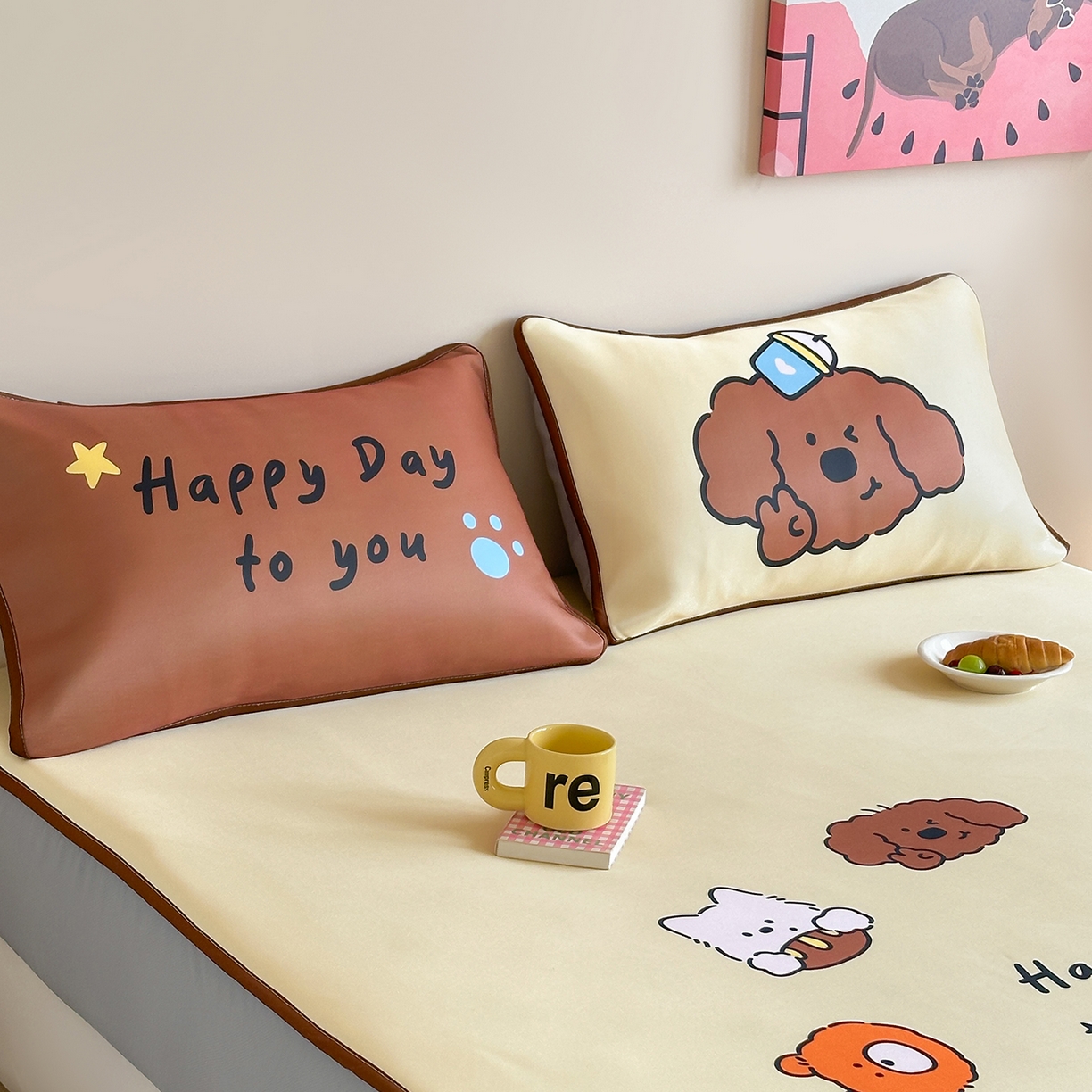 91家纺网 家纺一手货源 找家纺 桃喜 2026新款数码印花冰纤维牛奶丝凉席 卷毛狗勾的夏天