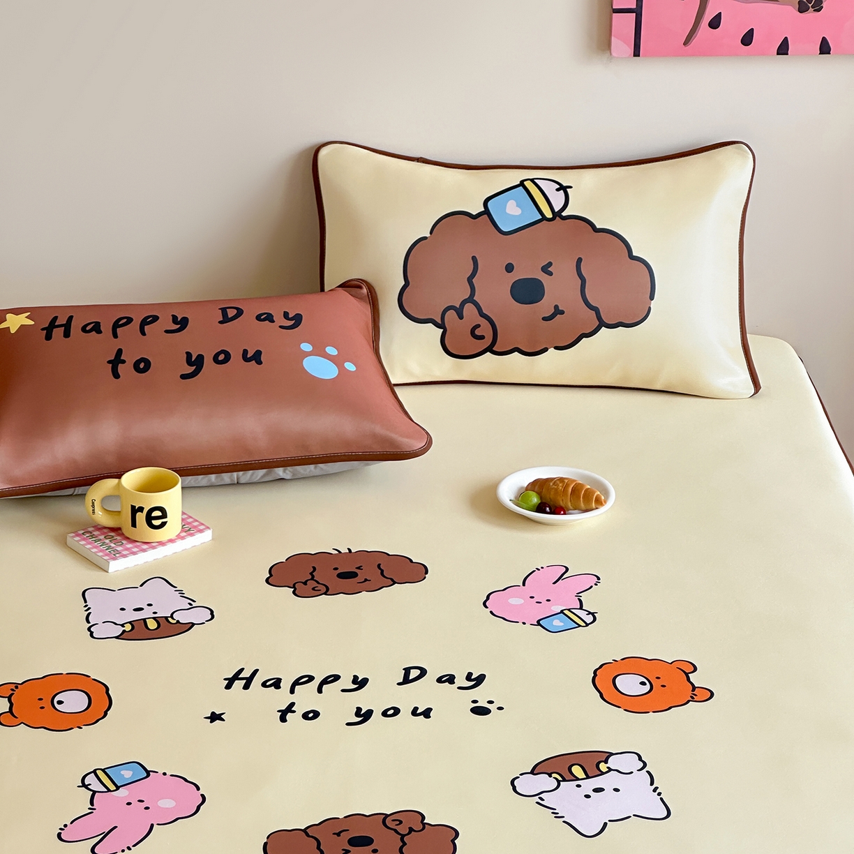 91家纺网 家纺一手货源 找家纺 桃喜 2026新款数码印花冰纤维牛奶丝凉席 卷毛狗勾的夏天