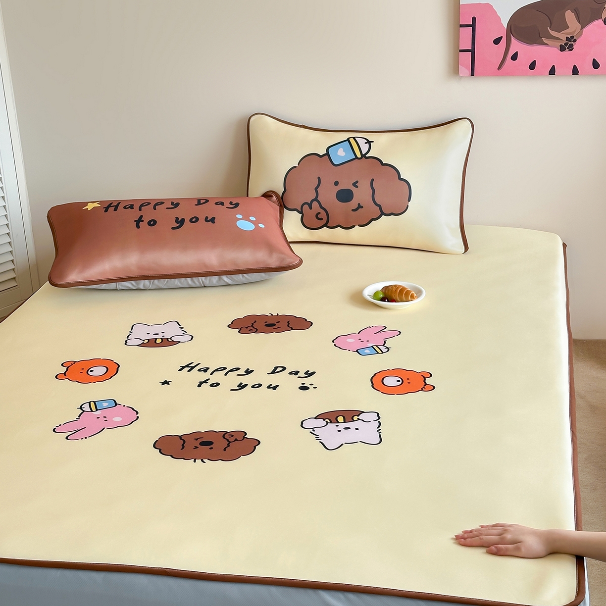 91家纺网 家纺一手货源 找家纺 桃喜 2026新款数码印花冰纤维牛奶丝凉席 卷毛狗勾的夏天