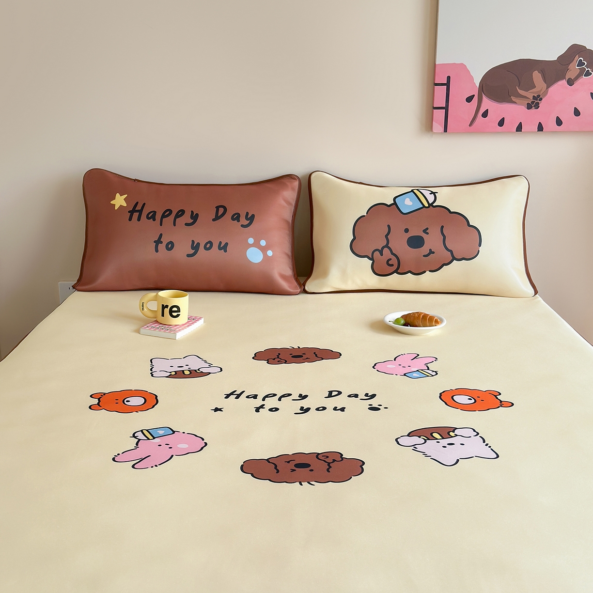 91家纺网 家纺一手货源 找家纺 桃喜 2026新款数码印花冰纤维牛奶丝凉席 卷毛狗勾的夏天