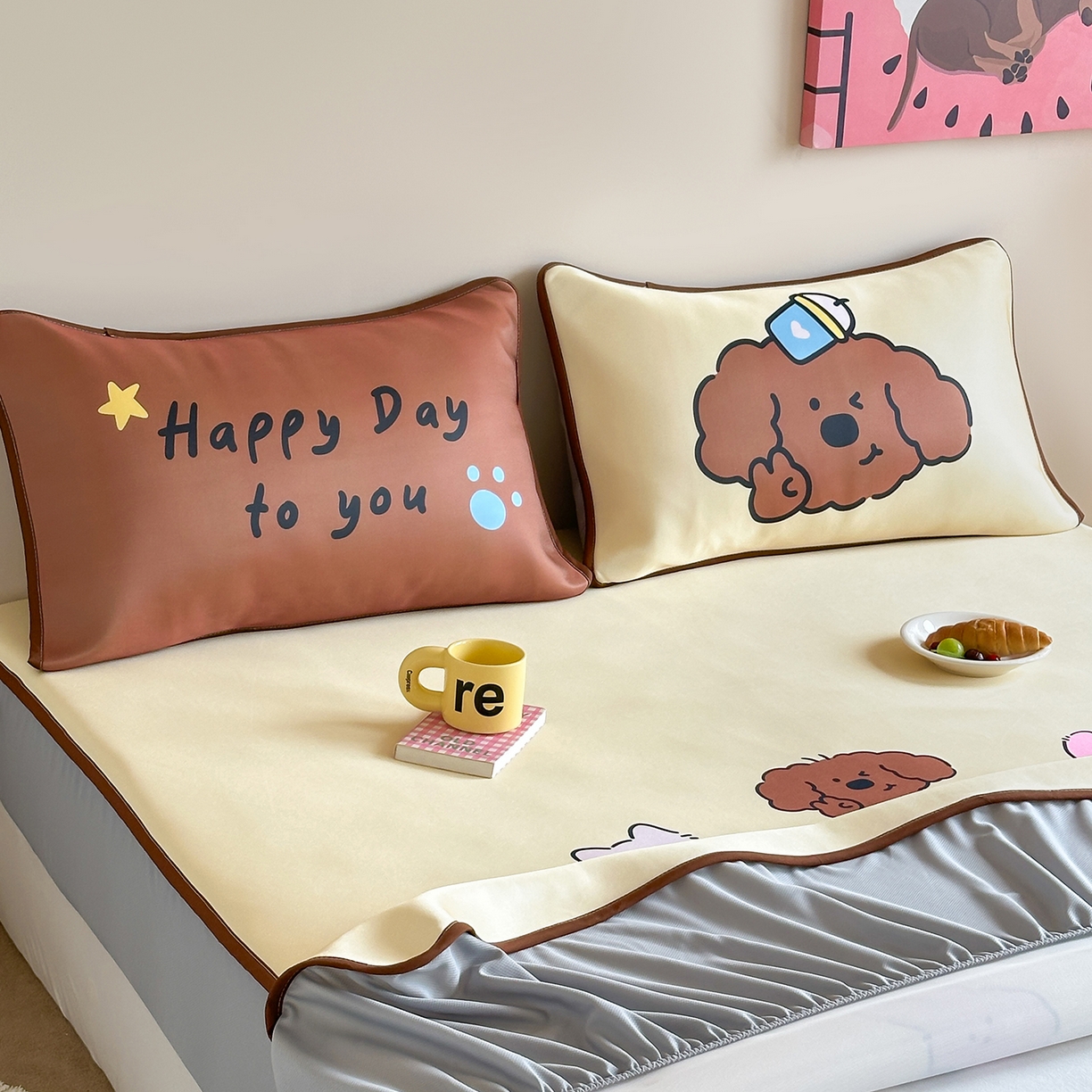 91家纺网 家纺一手货源 找家纺 桃喜 2026新款数码印花冰纤维牛奶丝凉席 卷毛狗勾的夏天