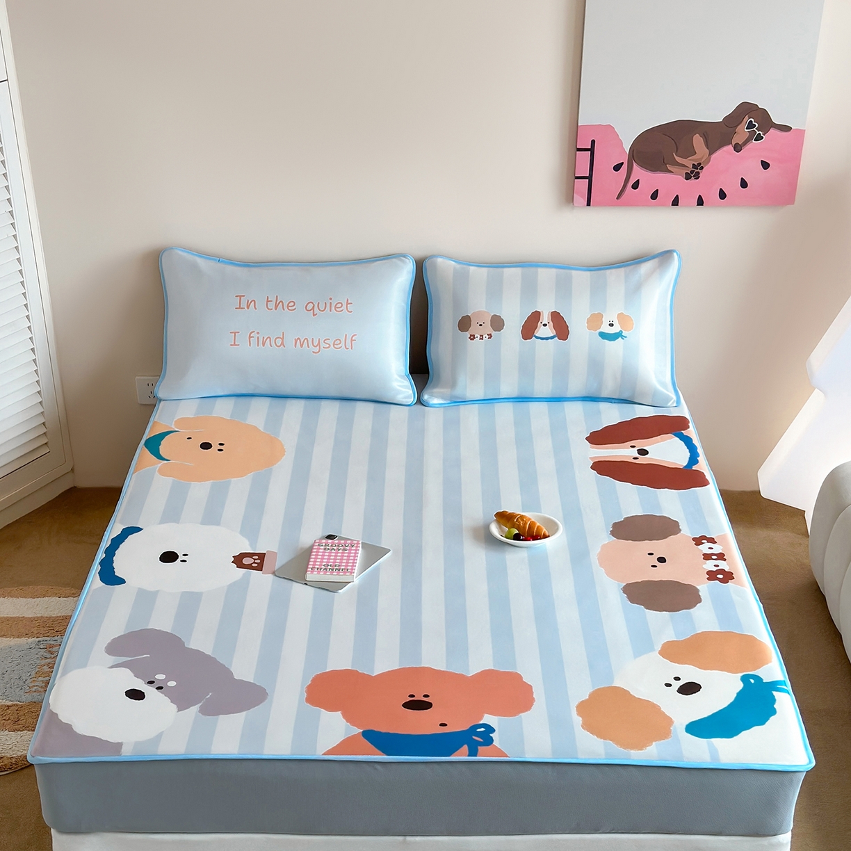 桃喜 2026新款数码印花冰纤维牛奶丝凉席 蓝条软萌小狗