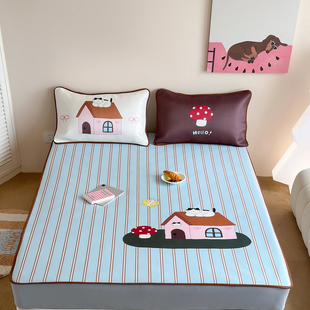 桃喜 2026新款数码印花冰纤维牛奶丝凉席 猫咪蘑菇小屋