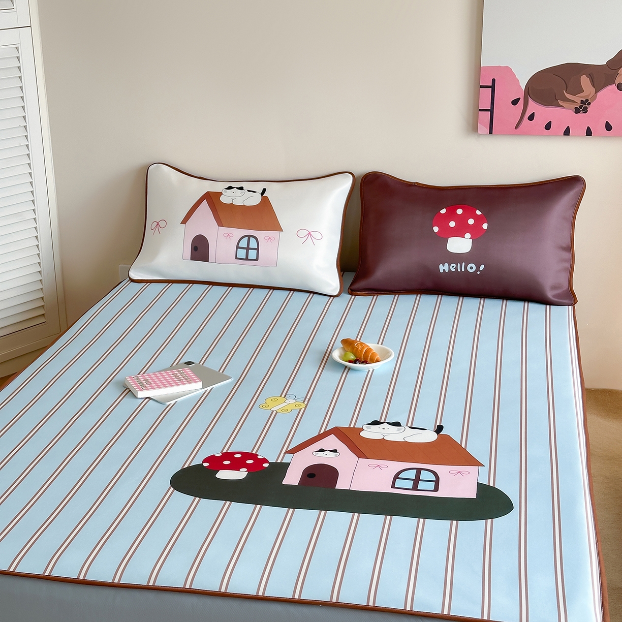 91家纺网 家纺一手货源 找家纺 桃喜 2026新款数码印花冰纤维牛奶丝凉席 猫咪蘑菇小屋