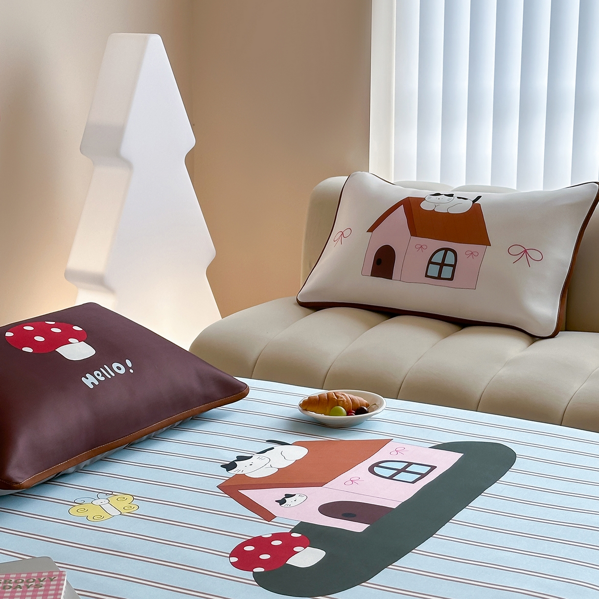 91家纺网 家纺一手货源 找家纺 桃喜 2026新款数码印花冰纤维牛奶丝凉席 猫咪蘑菇小屋