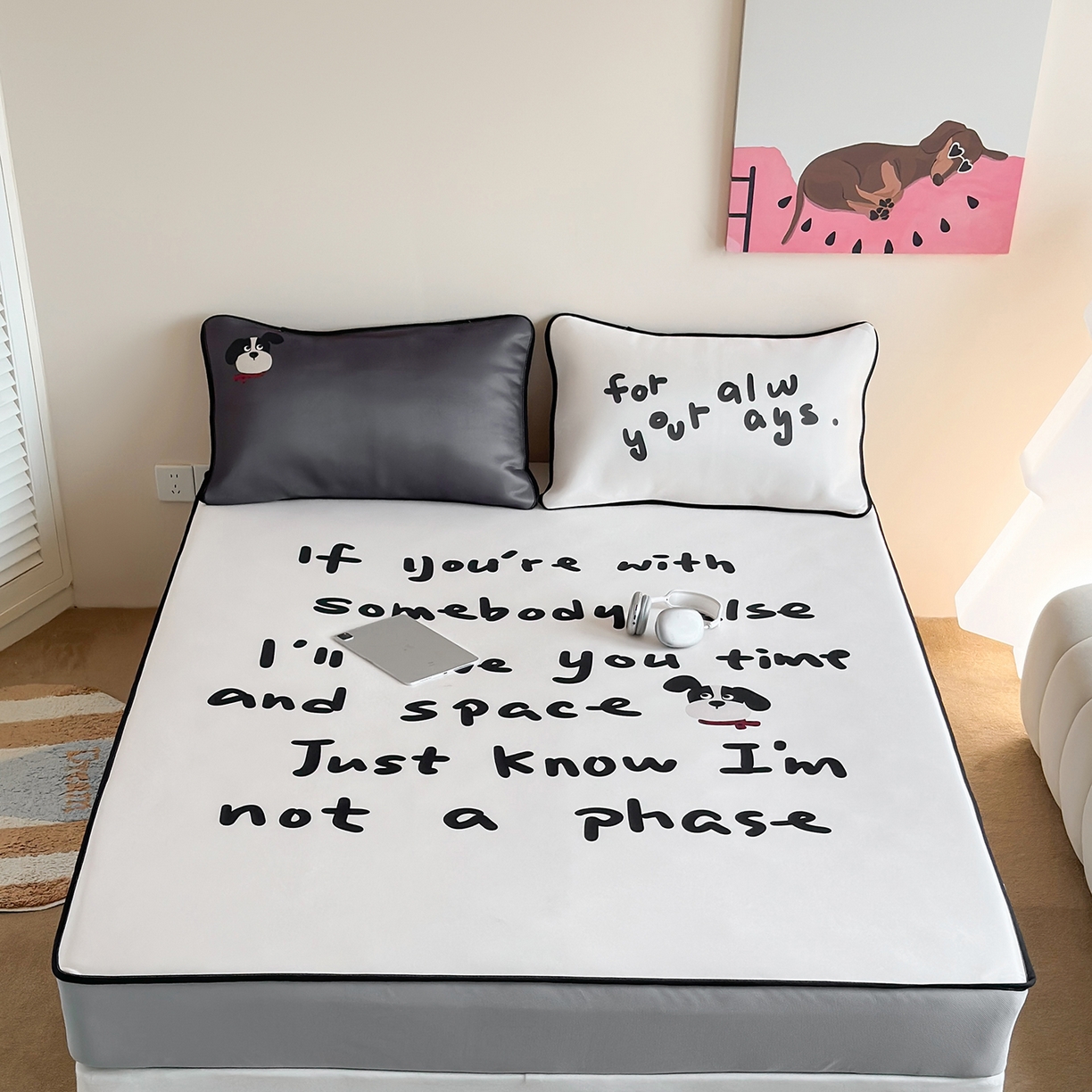 桃喜 2026新款数码印花冰纤维牛奶丝凉席 美式酷黑小狗