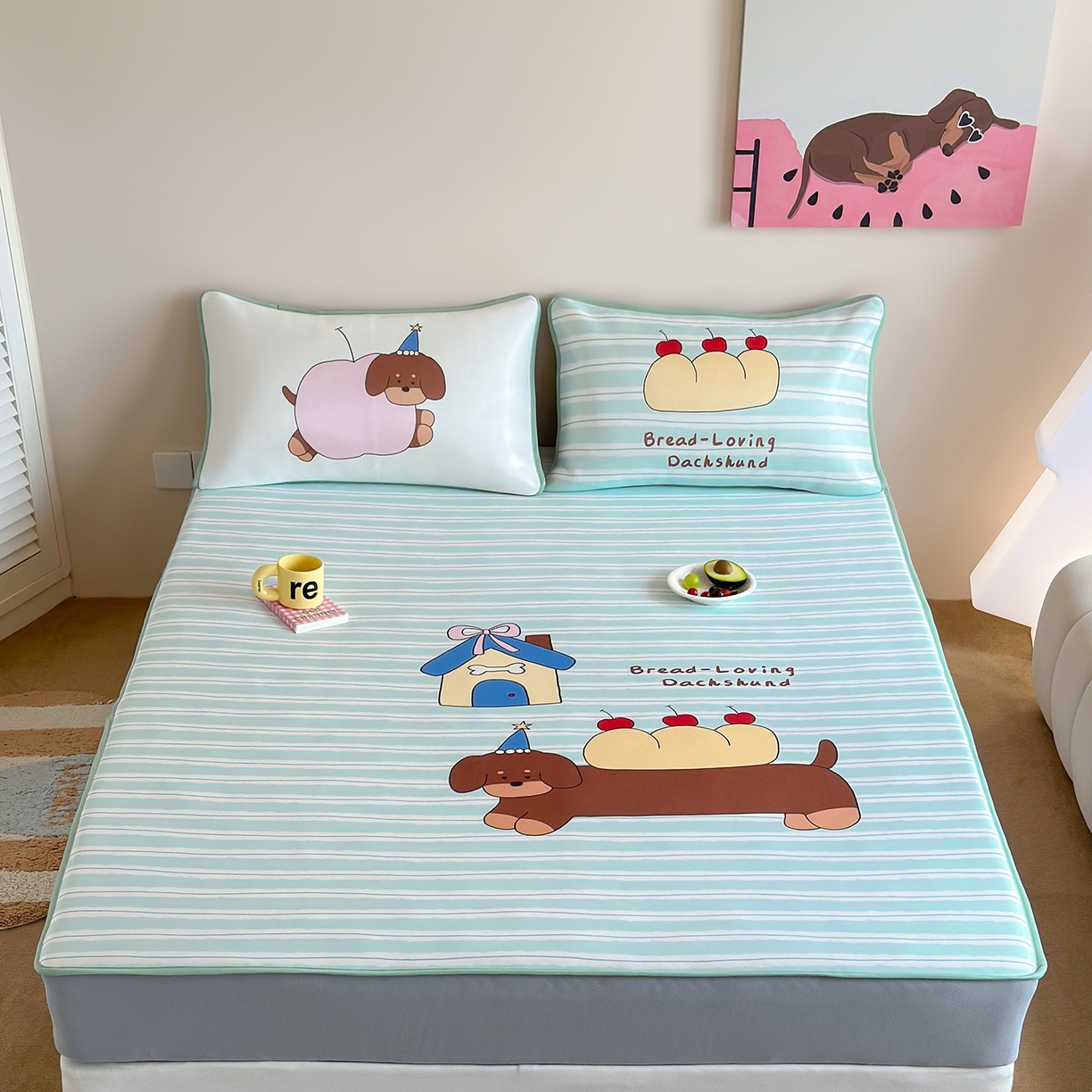 桃喜 2026新款数码印花冰纤维牛奶丝凉席 面包腊肠狗