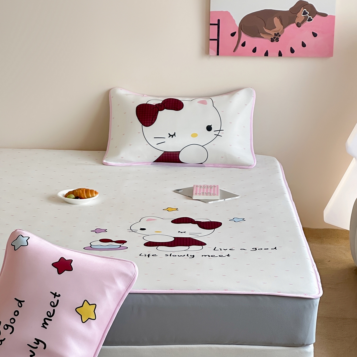 91家纺网 家纺一手货源 找家纺 桃喜 2026新款数码印花冰纤维牛奶丝凉席 甜心猫咪